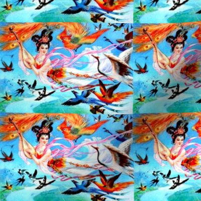 east asian china chinese oriental chinoiserie ancient tang dynasty sky fairy fairies maidens birds paradise phoenix peacocks cranes swallows pipa 