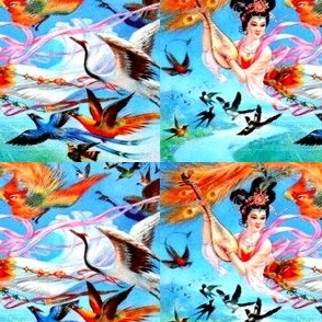 east asian china chinese oriental chinoiserie ancient tang dynasty sky fairy fairies maidens birds paradise phoenix peacocks cranes swallows pipa 