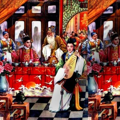 asian china chinese oriental chinoiserie ancient dynasty empress queens princess kings emperor royalty palace musician pipa flowers cranes celebration