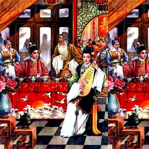 asian china chinese oriental chinoiserie ancient dynasty empress queens princess kings emperor royalty palace musician pipa flowers cranes celebration