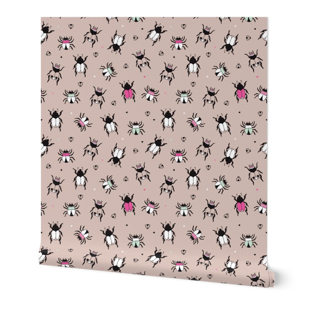 Adorable little beige and pink creepy bugs beetle illustration pattern