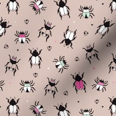 Adorable little beige and pink creepy bugs beetle illustration pattern