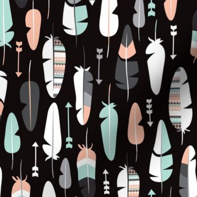 geometric vintage feathers pastel arrows in mint and coral illustration pattern in black