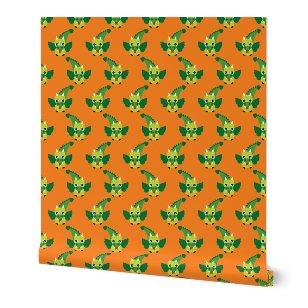 Cute little dragon fantasy dinosaur kids illustration in orange and green