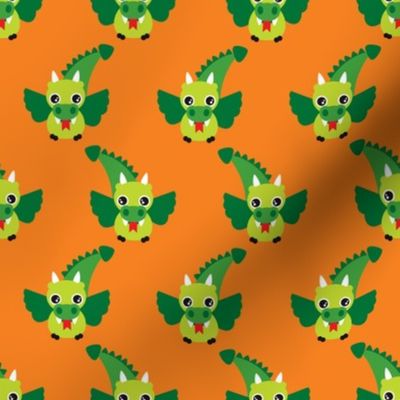 Cute little dragon fantasy dinosaur kids illustration in orange and green