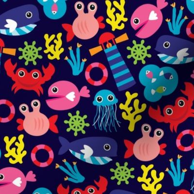 Colorful vivid kids marine fish nautical illustration pattern theme