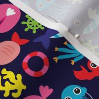 Colorful vivid kids marine fish nautical illustration pattern theme