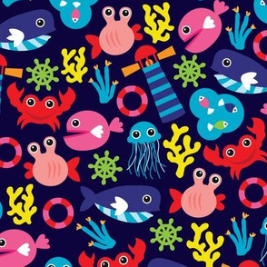 Colorful vivid kids marine fish nautical illustration pattern theme