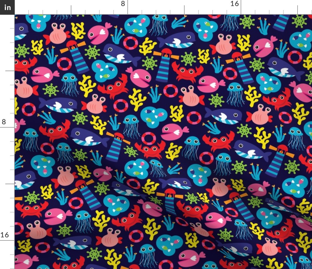 Colorful vivid kids marine fish nautical illustration pattern theme