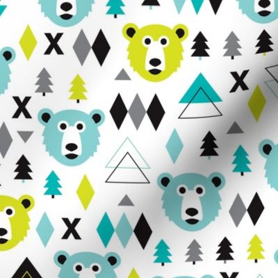 Geometric winter polar bear and scandinavian pine tree christmas kids fabric