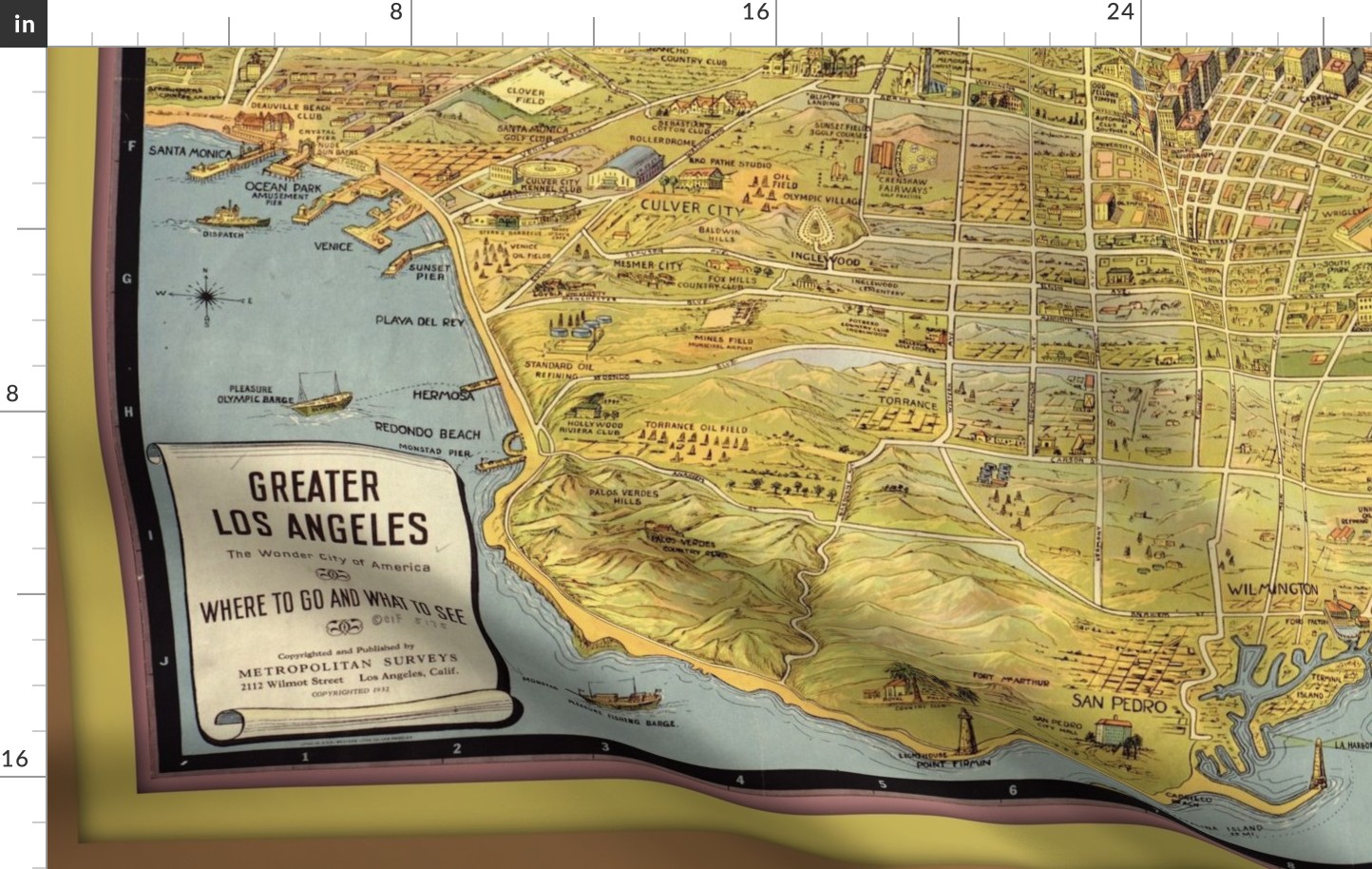 Los Angeles vintage map, XL (large yard)