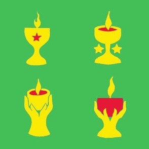 Four flaming chalices on Grass Green.