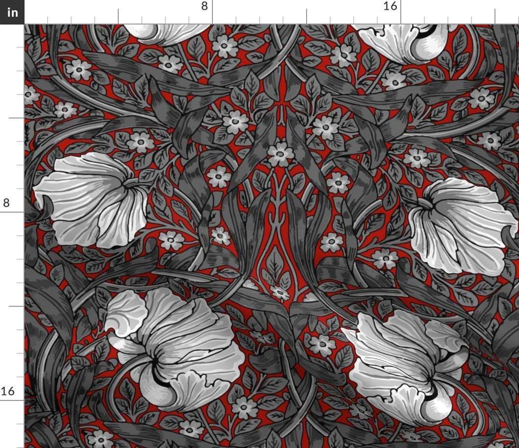 William Morris ~ Antiqued Pimpernel ~ Black and White on Turkey Red 