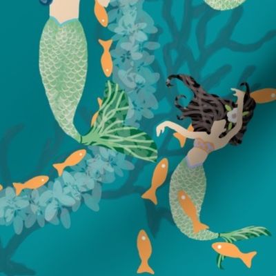 Playful Mermaids with Fish & Coral