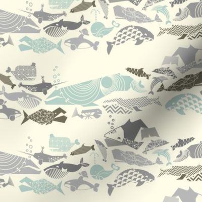 MINI: Geometric Whales on Parade - Greys on Cream