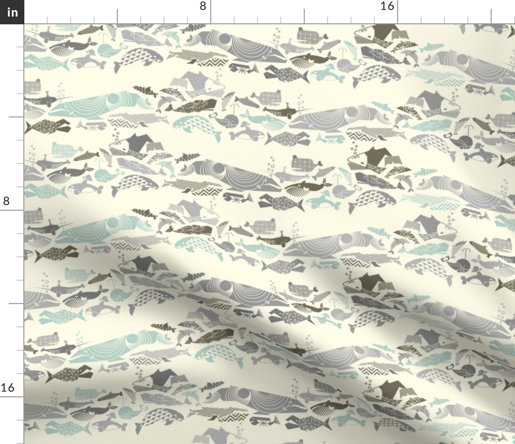 MINI: Geometric Whales on Parade - Greys on Cream