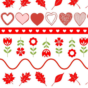 Red Hearts Flowers Leaves