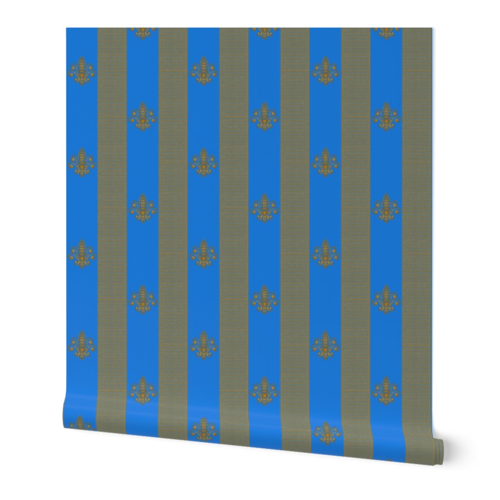 gold and bright blue fleur de lis 2 inch stripe