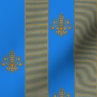 gold and bright blue fleur de lis 2 inch stripe