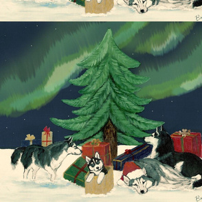 siberian husky Xmas panel w/Aurora Borealis -ed