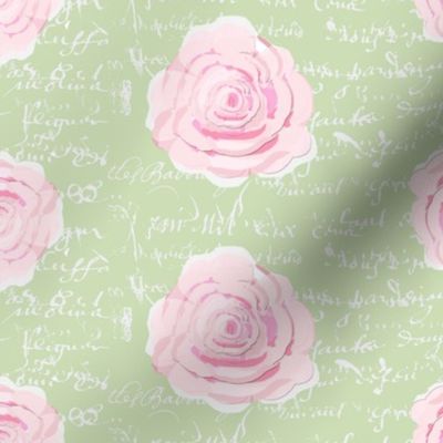 Shabby Chic Painted Roses on Summer Green with white French script