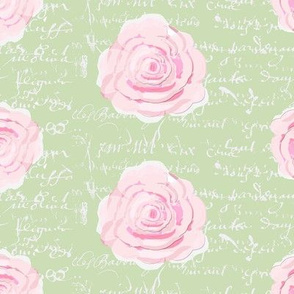 Shabby Chic Painted Roses on Summer Green with white French script