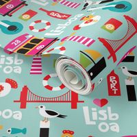 Colorful retro style lisbon lisboa travel icons illustration pattern