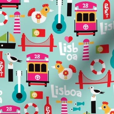 Colorful retro style lisbon lisboa travel icons illustration pattern