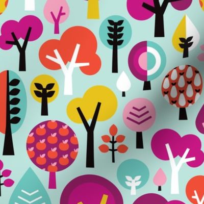 Happy little tree colorful illustration woodland forest with apples and polka dot trees