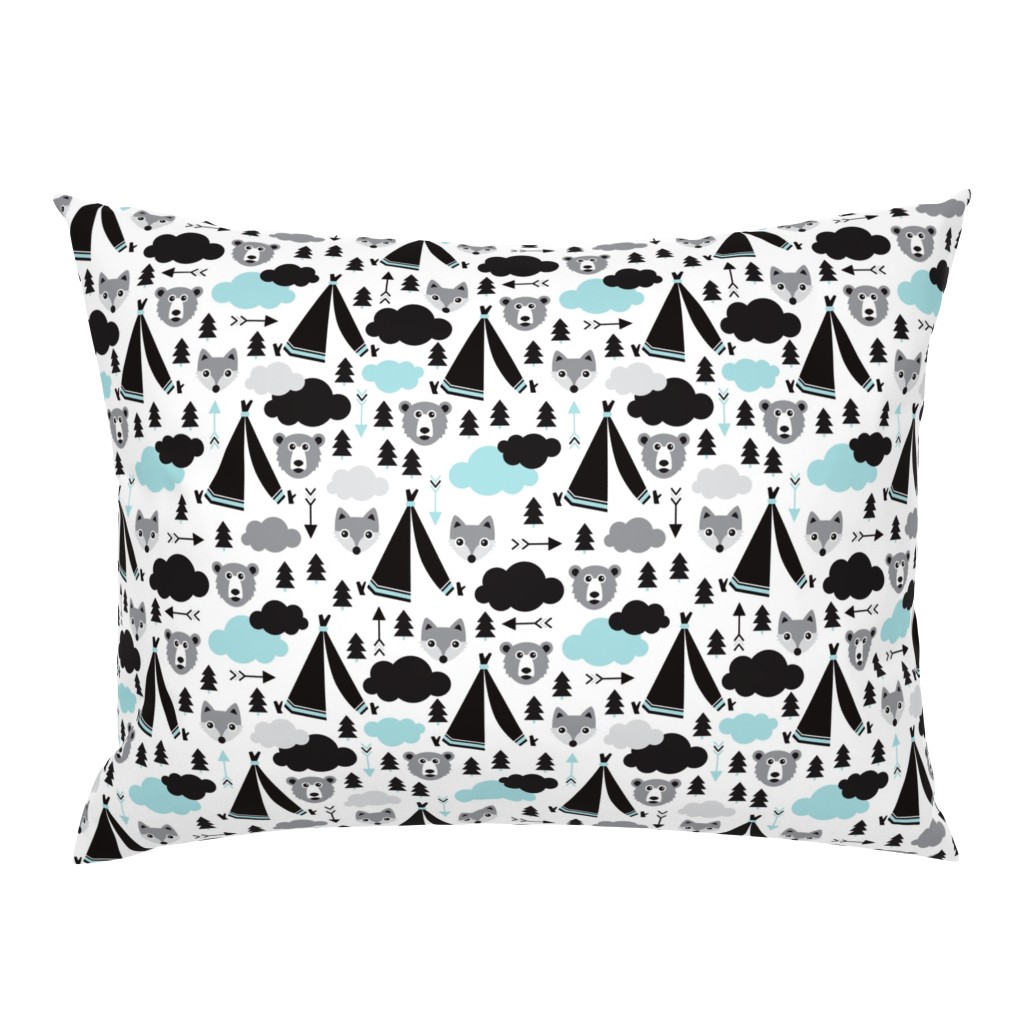 geometric teepee tent fox arrows and woodland scandinavian bear illustration pattern in blue