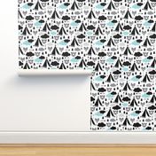 geometric teepee tent fox arrows and woodland scandinavian bear illustration pattern in blue