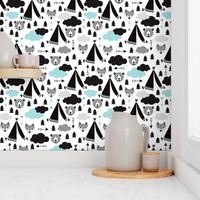 geometric teepee tent fox arrows and woodland scandinavian bear illustration pattern in blue