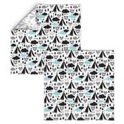 geometric teepee tent fox arrows and woodland scandinavian bear illustration pattern in blue