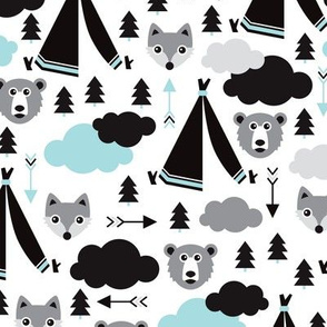 geometric teepee tent fox arrows and woodland scandinavian bear illustration pattern in blue