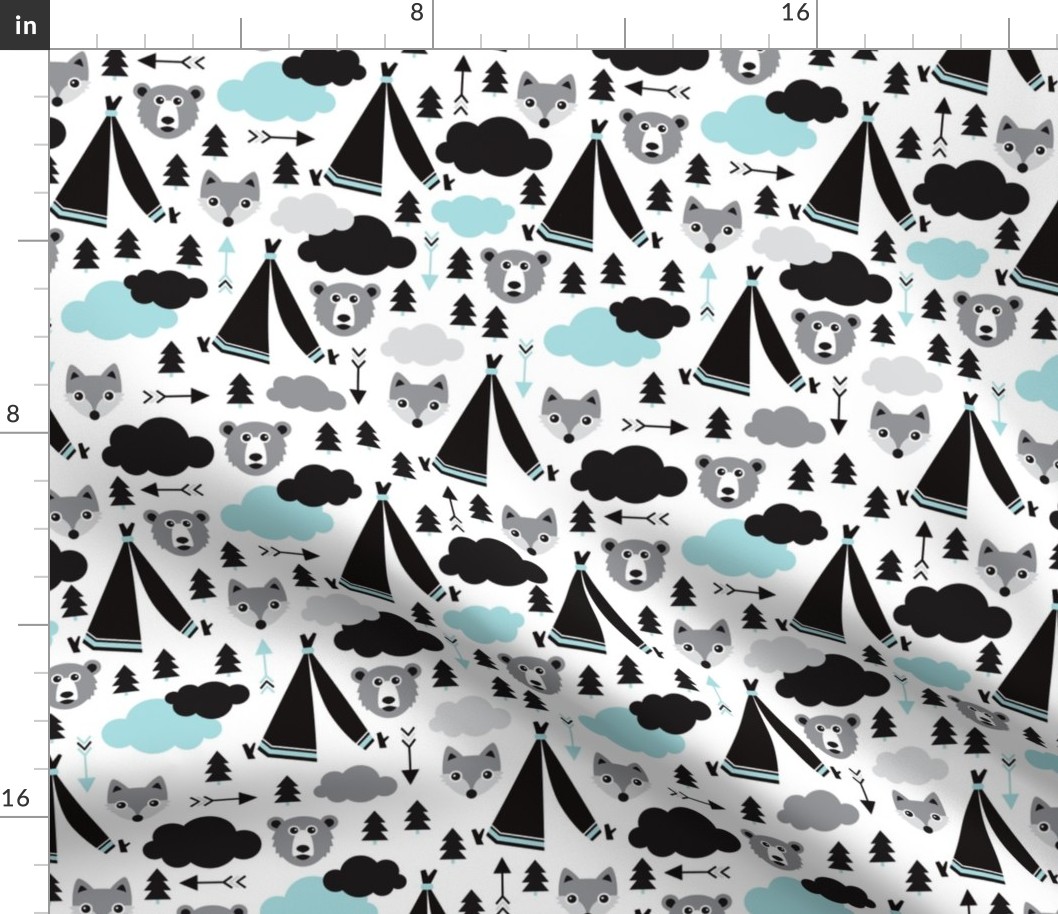 geometric teepee tent fox arrows and woodland scandinavian bear illustration pattern in blue