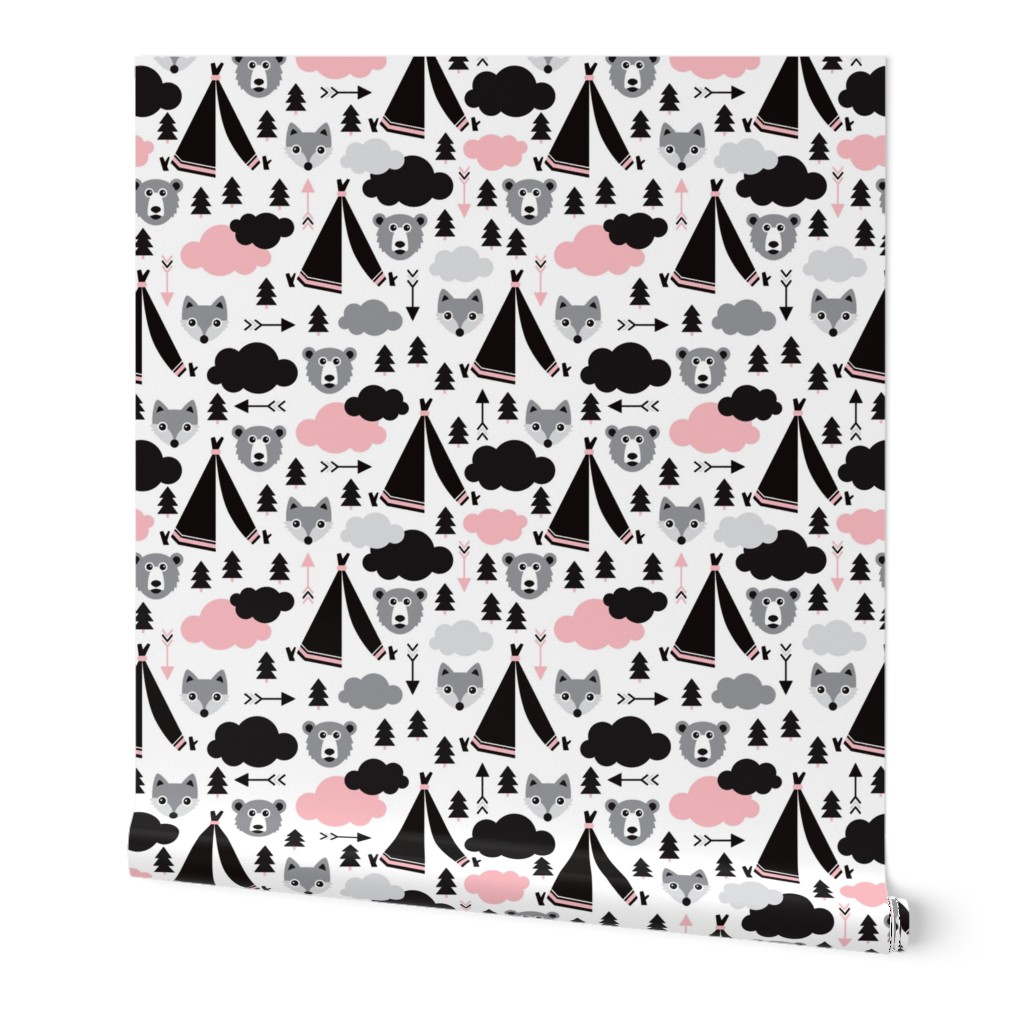 geometric teepee tent fox arrows and woodland scandinavian bear illustration pattern in pink