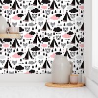 geometric teepee tent fox arrows and woodland scandinavian bear illustration pattern in pink