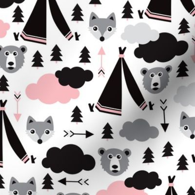 geometric teepee tent fox arrows and woodland scandinavian bear illustration pattern in pink