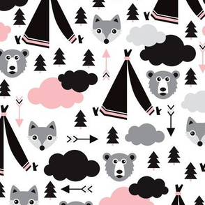 geometric teepee tent fox arrows and woodland scandinavian bear illustration pattern in pink