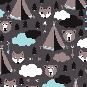 geometric teepee tent fox arrows and woodland scandinavian bear illustration pattern in blue