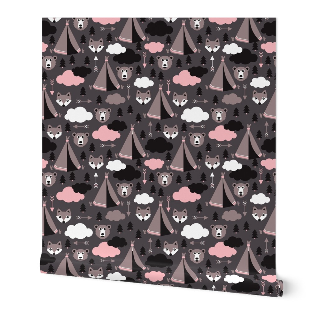 geometric teepee tent fox arrows and woodland scandinavian bear illustration pattern in pink