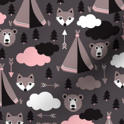 geometric teepee tent fox arrows and woodland scandinavian bear illustration pattern in pink