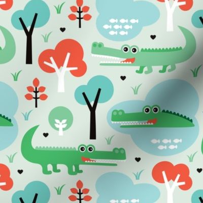 Cute colorful crocodile alligator jungle zoo adventure illustration pattern