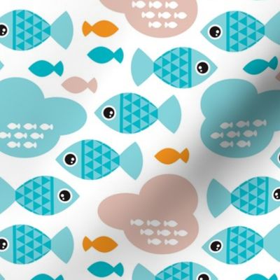 Baby blue water ocean life bubble fish illustration