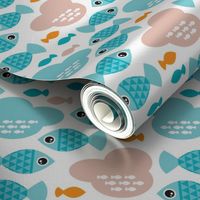 Baby blue water ocean life bubble fish illustration