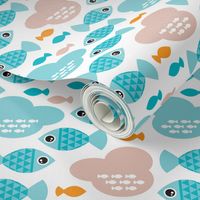 Baby blue water ocean life bubble fish illustration