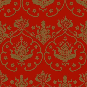 Gothic Damask ~ Cologne ~ Gold Embroidery on Turkey Red (Adrianople)