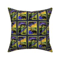 Elephant and Giraffe side by side in African scenes. Yellow,Orange and Cobalt Blue