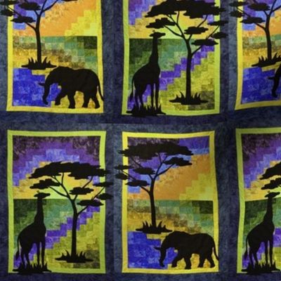 Elephant and Giraffe side by side in African scenes. Yellow,Orange and Cobalt Blue