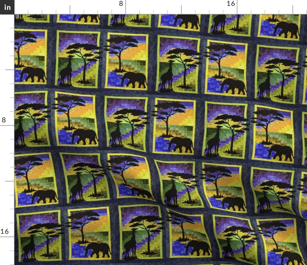 Elephant and Giraffe side by side in African scenes. Yellow,Orange and Cobalt Blue